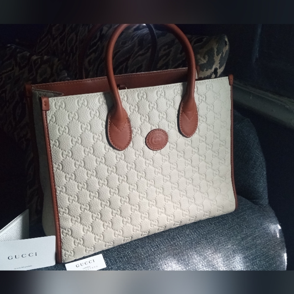 New Gucci FLORENCE Cream and Brown Tote Bag LEATHER